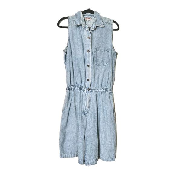 Vtg Denim Romper Womens L Blue Jean Shorts Jorts Button Up Collared Y2K Boho - Picture 1 of 12